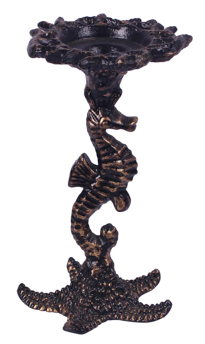 12” Sea-Horse Candle-Stand / Tea-Light Holder in Aluminum - Bronze Color - Hand-Crafted Home Decor / Gifts from India - Buy in Bulk Wholesale